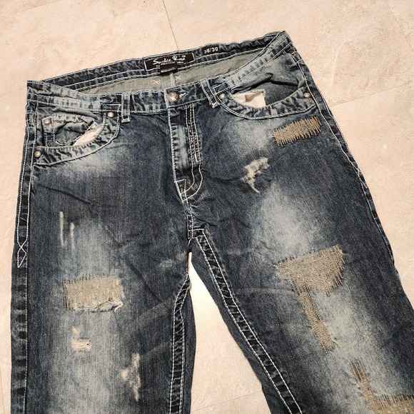 Smoke Rise Mens 38x30 DISTRESSED HipHop Embroidered Skater Jeans Streetwear Wide - Picture 3 of 11